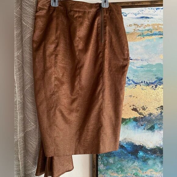 L.A.M.B. Skirt Women Sz  8  copper draped Bow Shimmer Gold Cotton Blend Straight - Picture 14 of 15
